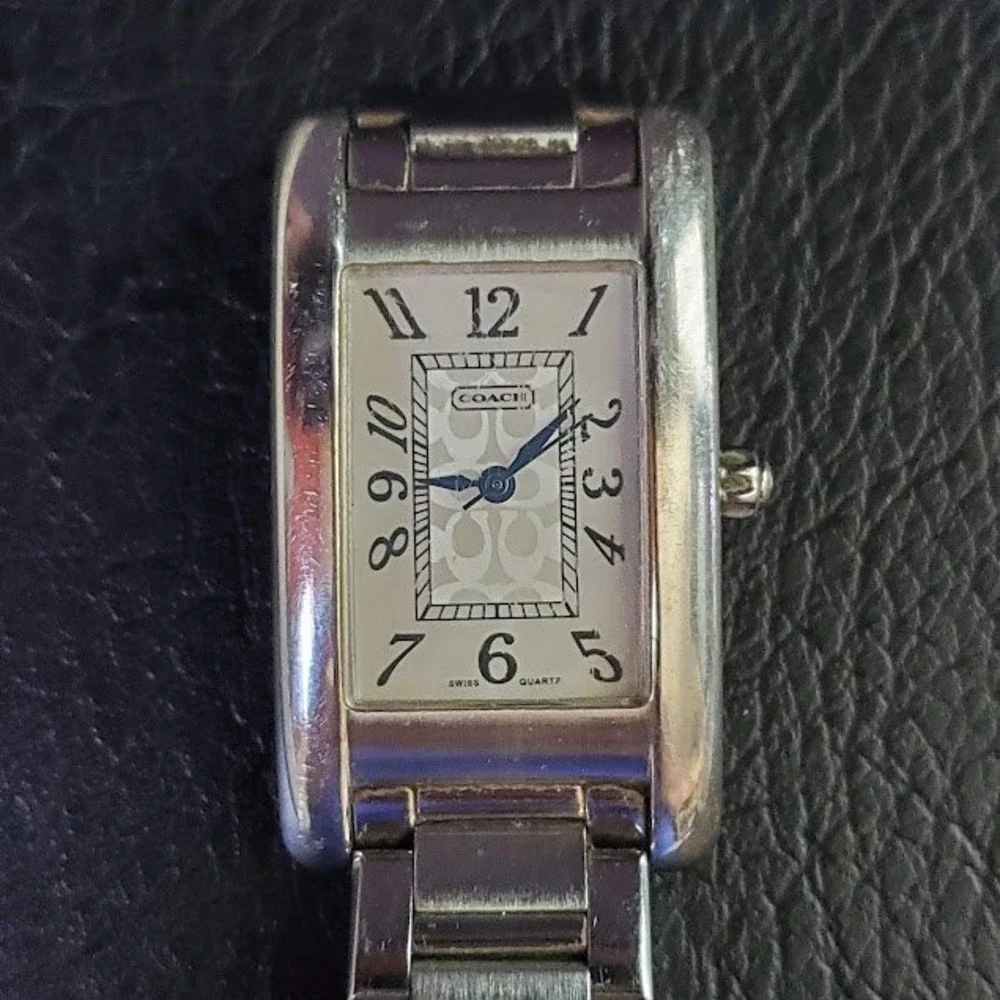 Coach Silver Tone Stainless Steel Swiss Quartz Rectangular Watch Fresh Battery